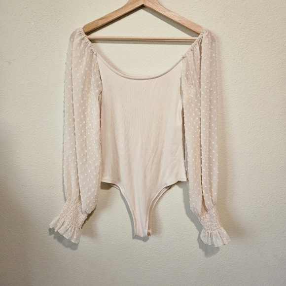 Zeagoo Square Neck Puff Long Sleeve Bodysuit Off Shoulder Leotard Sheer M - Picture 3 of 8